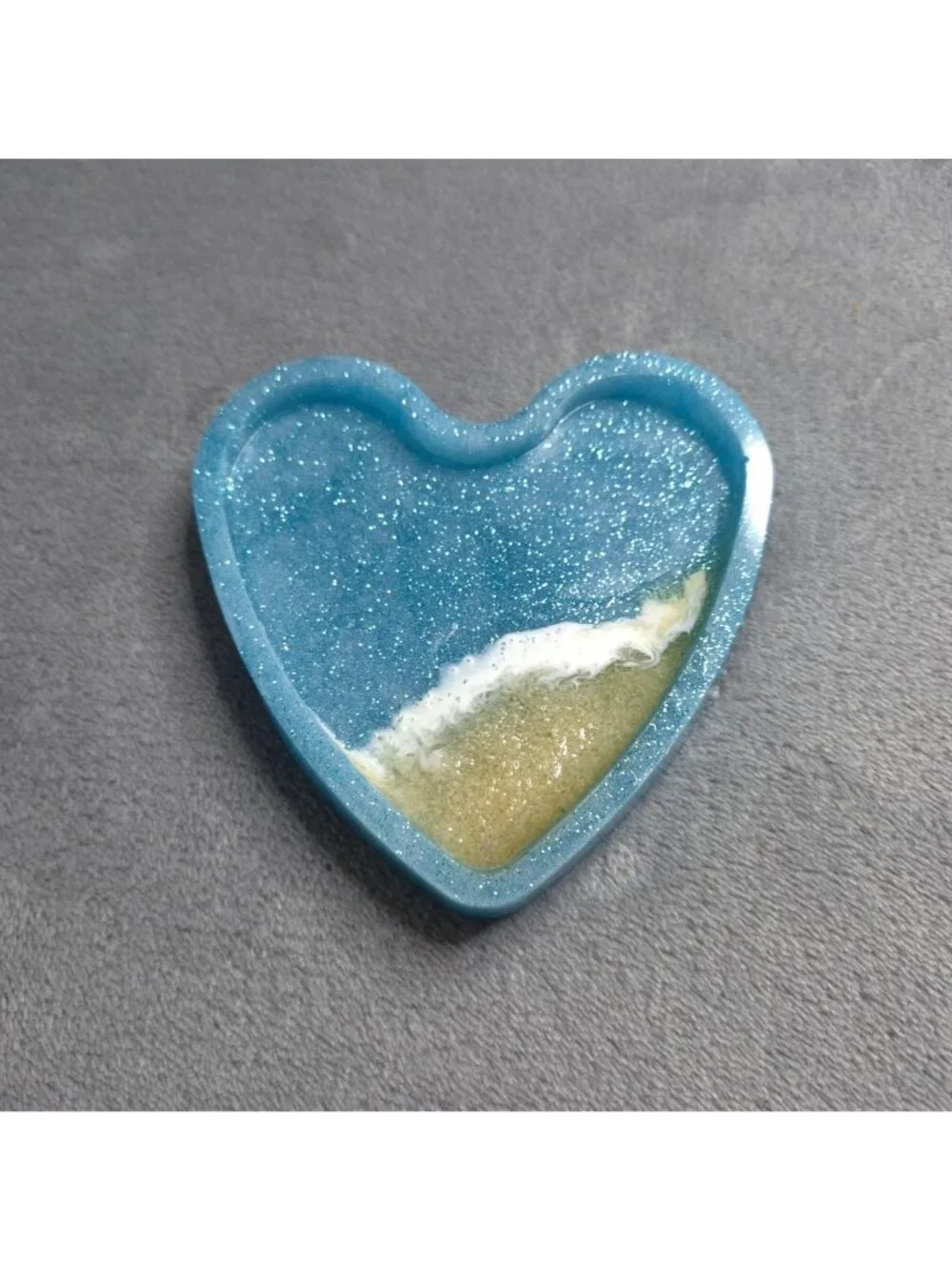 Heart-Shaped Resin Trinket Dish 4.5 in Glitter Beach-Inspired Sand Handmade
